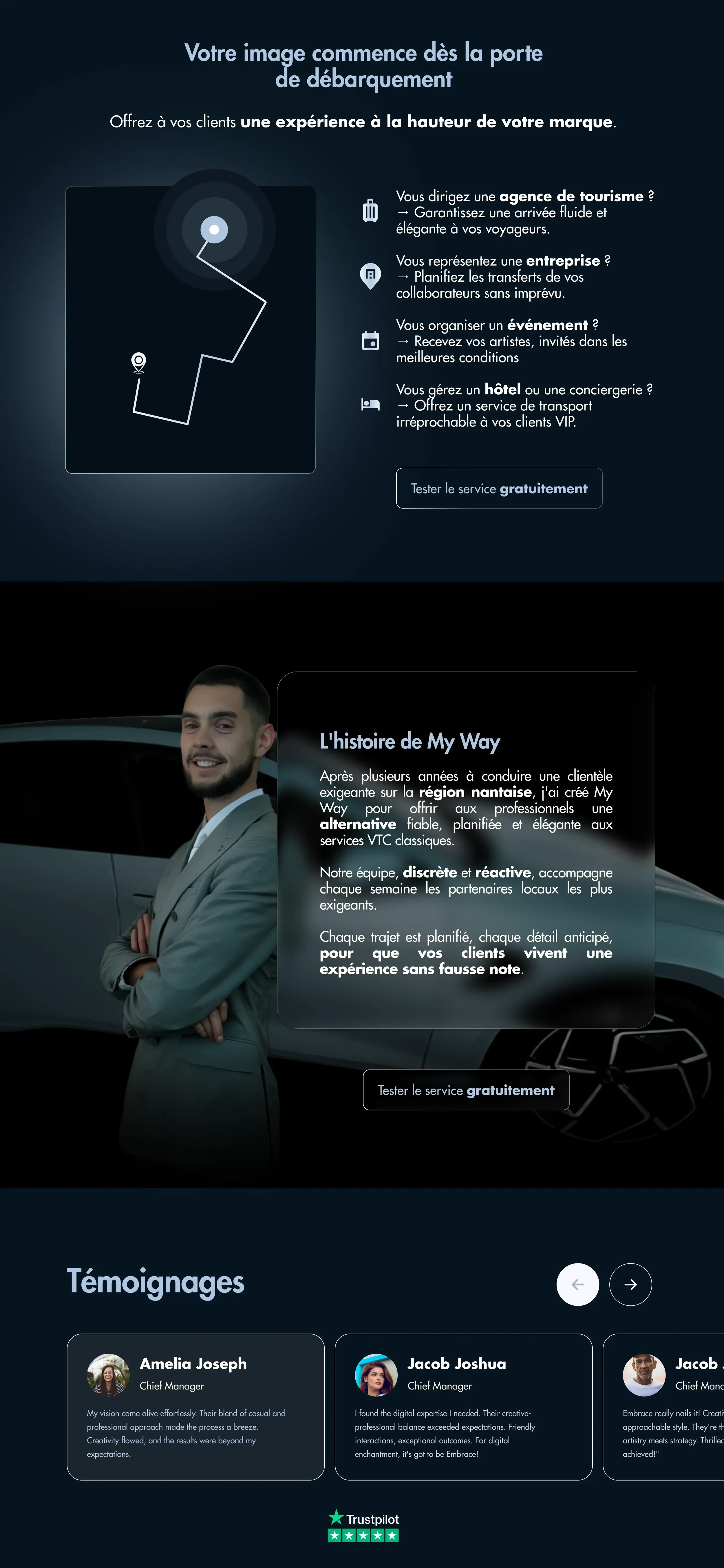 Page de présentation d'une agence de transport avec un homme d'affaires souriant, un texte sur l'histoire de My Way, des témoignages de clients et un bouton pour tester un service gratuitement.