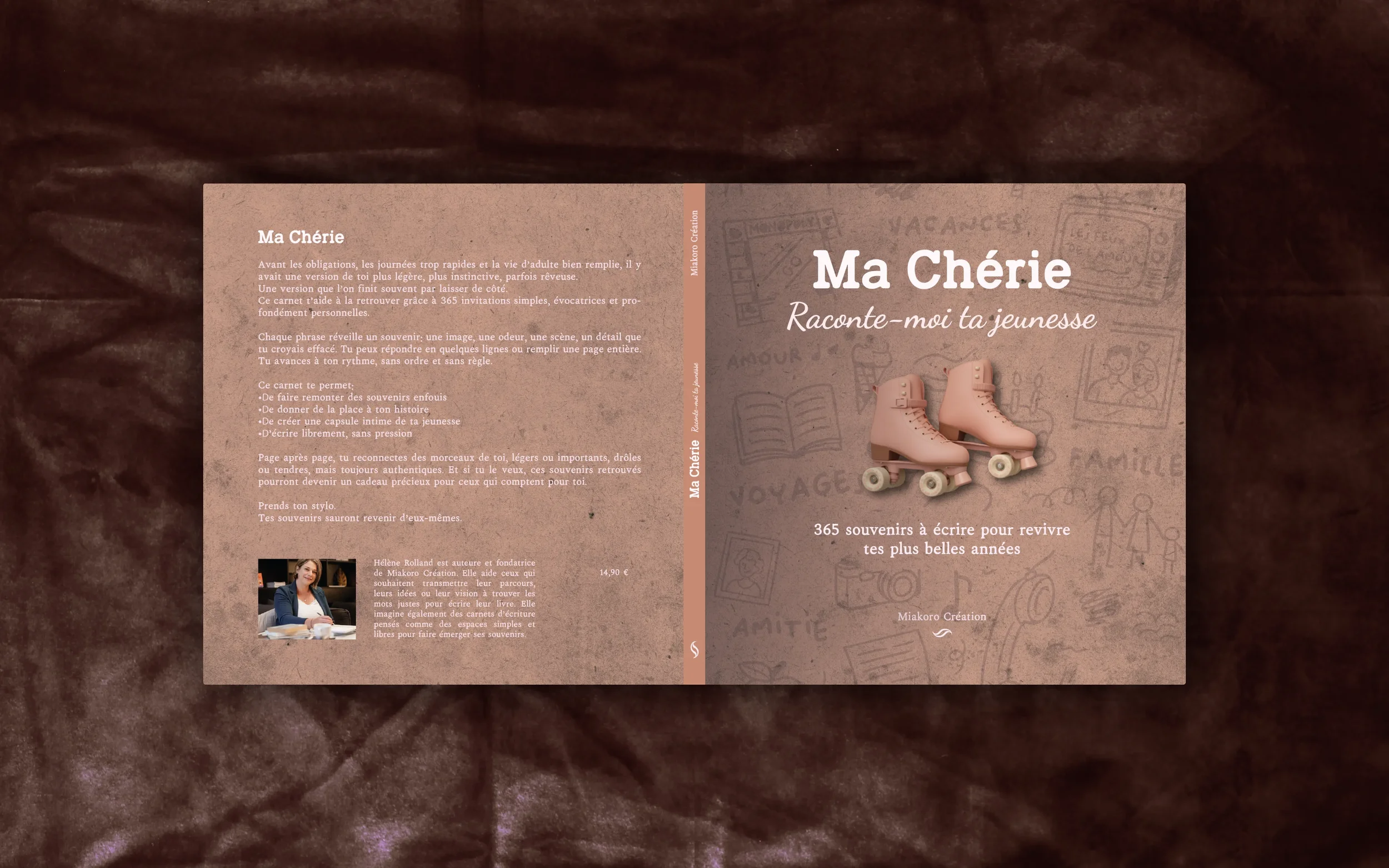 Couverture d'un livre intitulé "Ma Chérie, Raconte-moi ta jeunesse" avec une image de rollers roses et un fond illustré de souvenirs d'enfance, et une quatrième de couverture avec un portrait de l'auteure Hélène Rolland.