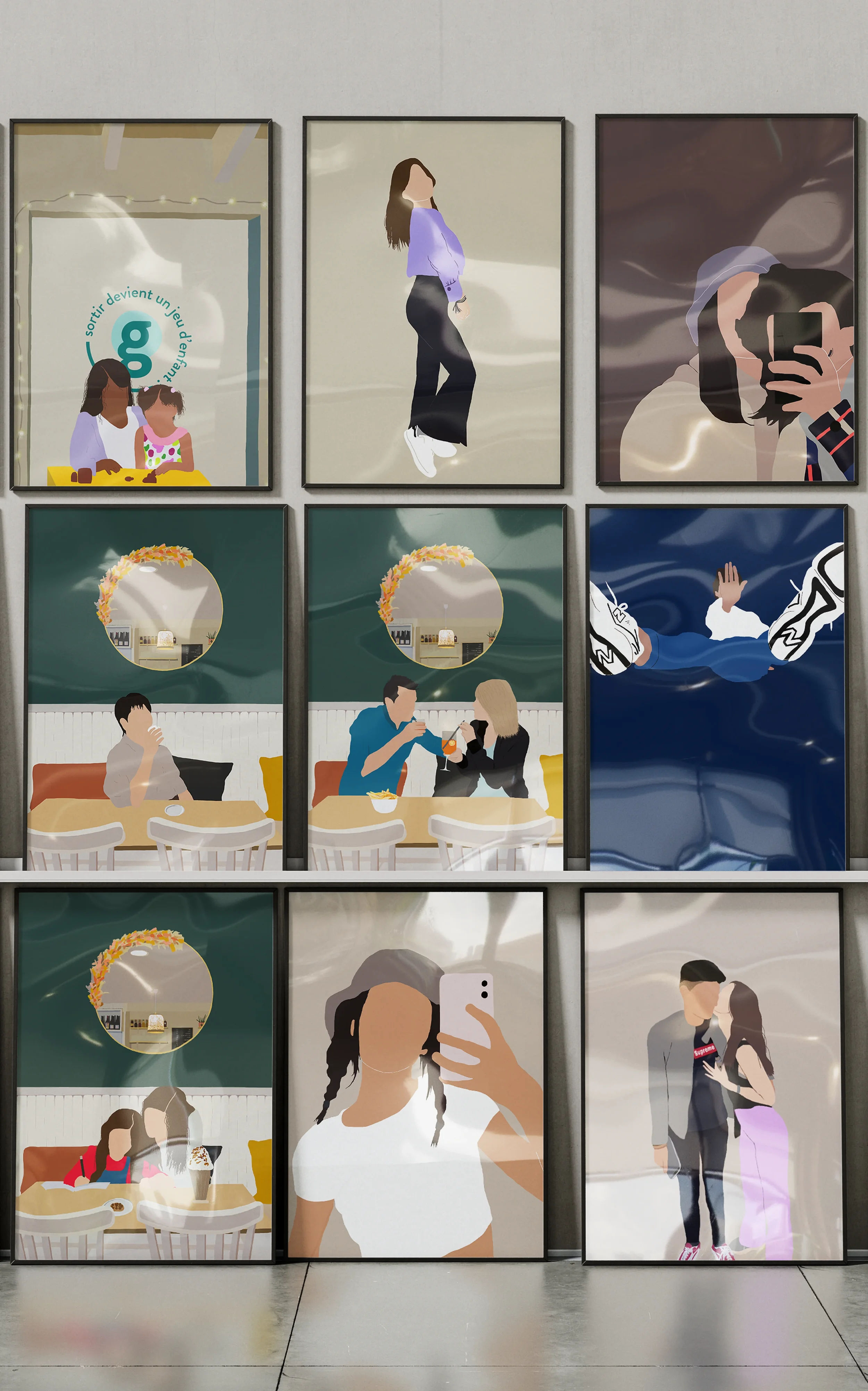 Une fresque murale illustrant diverses scènes sociales et personnelles, comprenant des personnes qui prennent des selfies, des amis qui partagent un repas, et des couples en moments de détente.