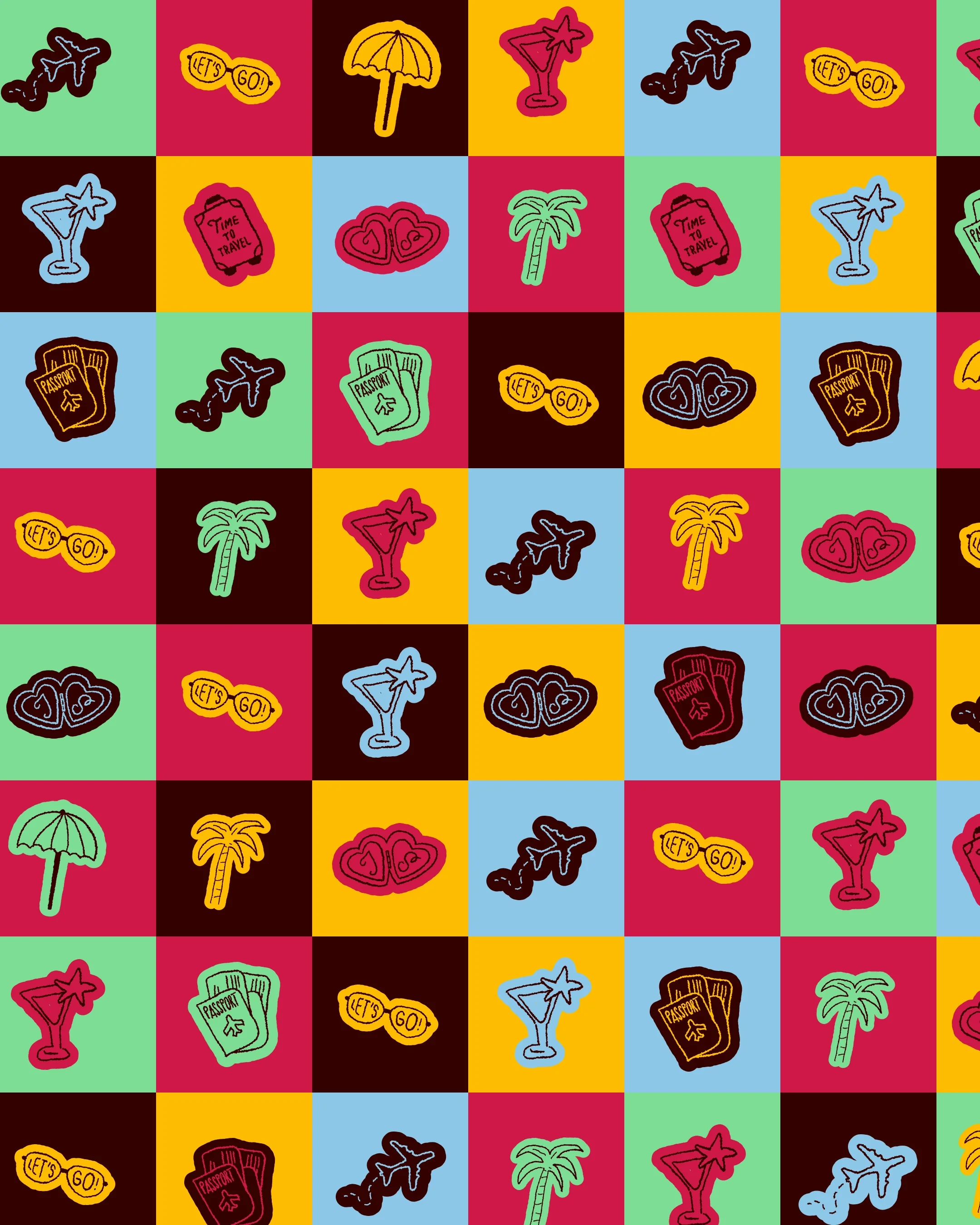 Motifs de vacances avec avions, cocktails, palmiers, passeports, et phrases comme "Let's go!" et "Time to travel" sur un fond coloré en forme de carreaux