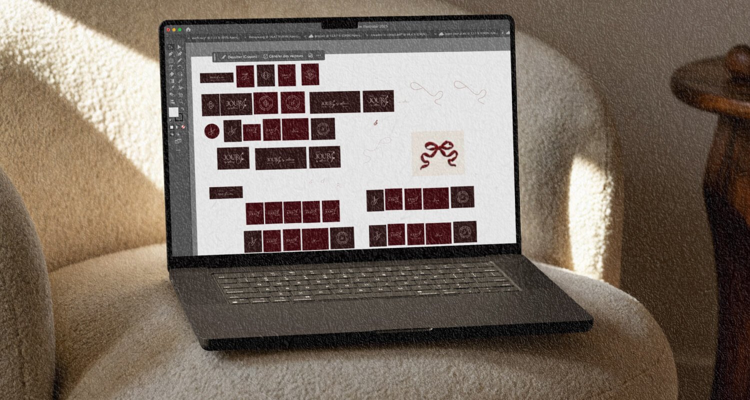 Cartes de visite de planificateur de mariage de couleur bordeaux avec le logo "Jour j by Alex" et les coordonnées de contact.