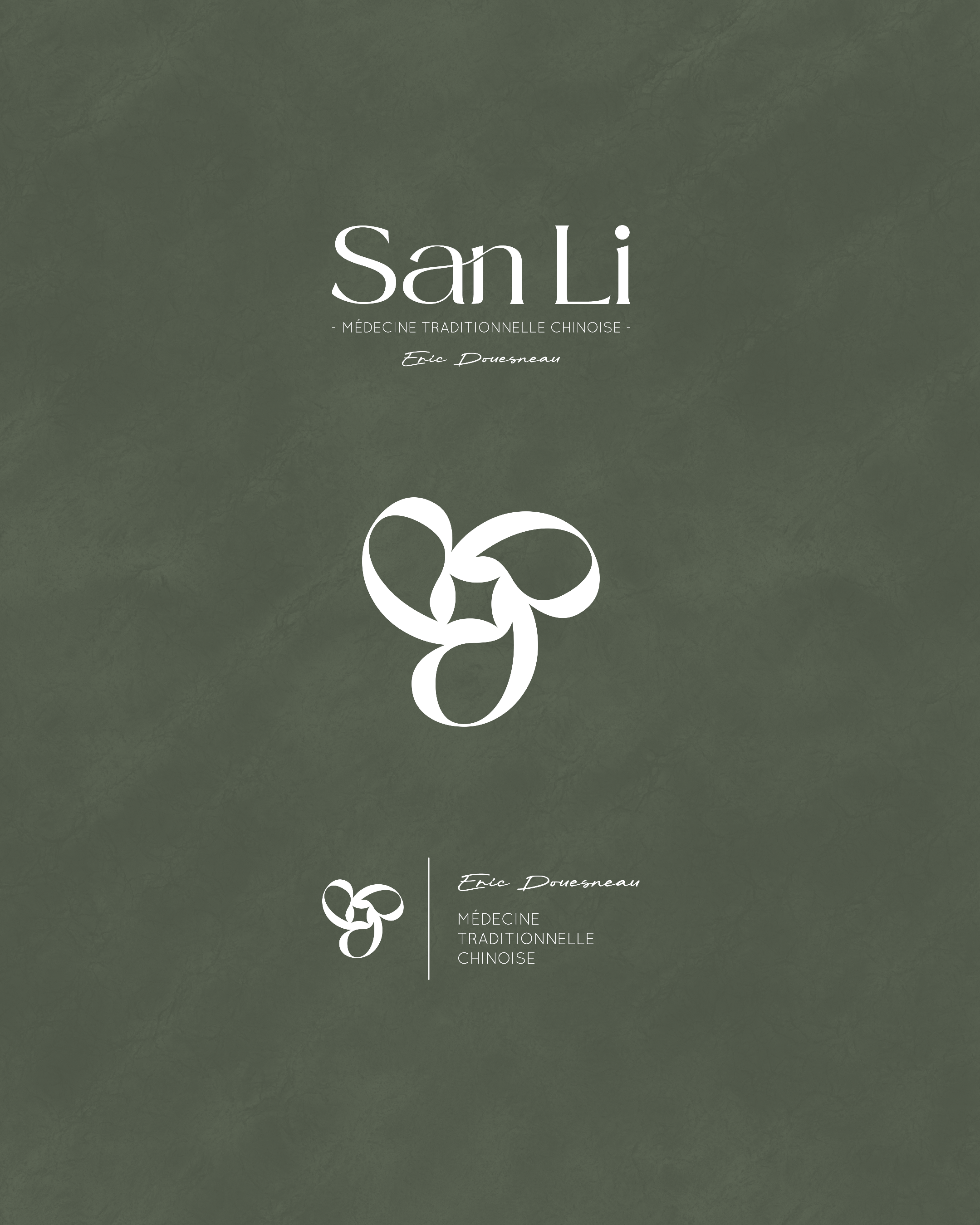 Couverture d'un livre intitulé 'San Li - Médecine Traditionnelle Chinoise' par Éric Dousneau, avec un symbole en blanc au centre sur un fond vert