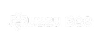 Logo de Buzzzy Bee avec une abeille stylisée à côté du texte blanc sur fond noir.