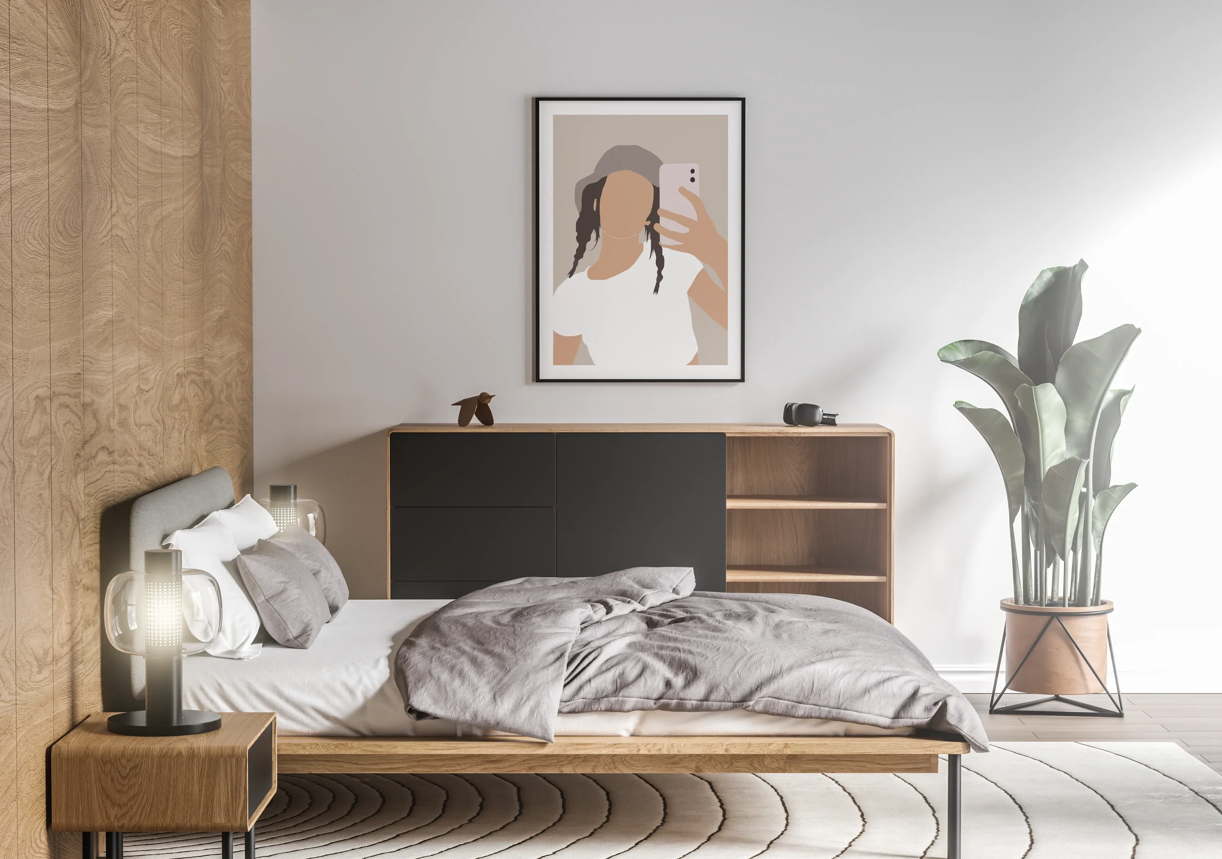 Chambre moderne avec lit en bois, draps gris, table de chevet avec lampe, grand poster d'une femme prenant un selfie, plante verte dans un pot, meuble en bois avec compartiments, et une œuvre d'art minimaliste sur le mur.