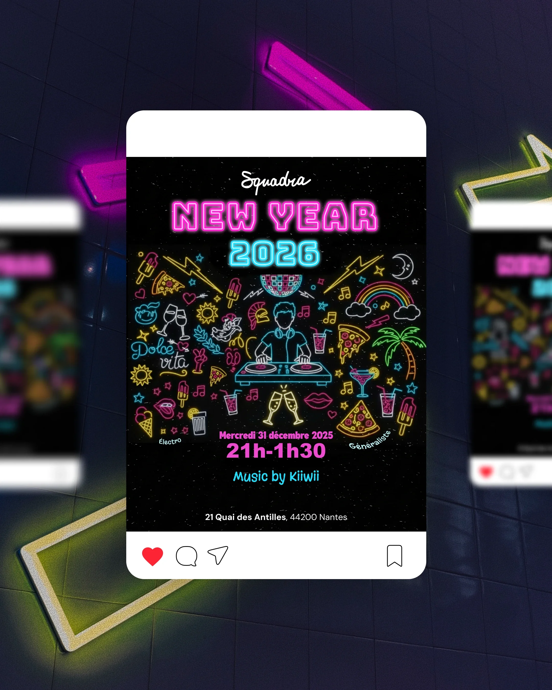Affiche d'événement de fête avec décorations néon, DJ, pizza, cocktails, palmiers, et symboles festifs pour célébrer le Nouvel An 2026 le 31 décembre 2025 de 21h à 1h30 à Nantes.