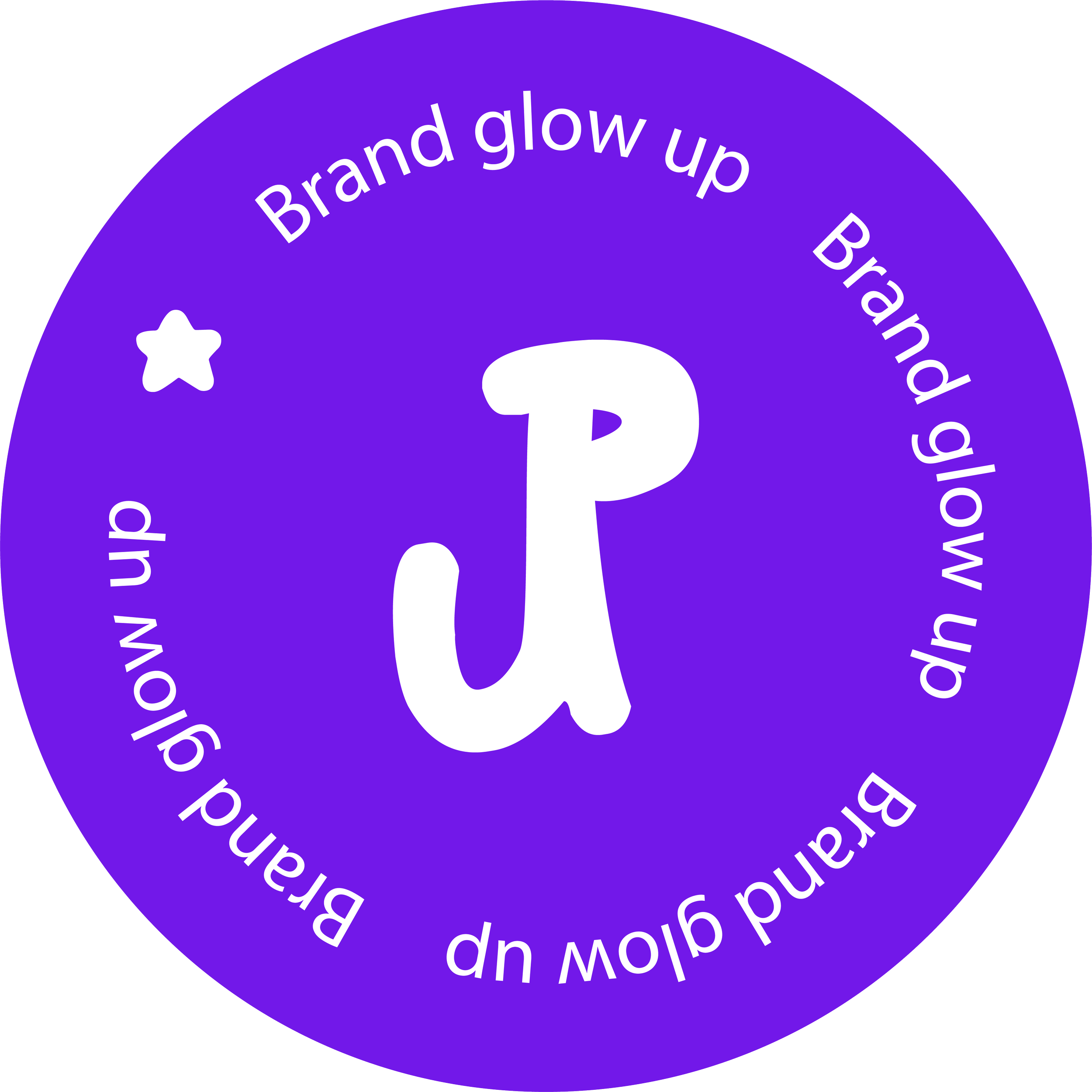 Sticker violet avec un motif en cercle, un grand 'J' blanc au centre, et le texte en cercle 'Brand glow up and show up' avec une étoile blanche.