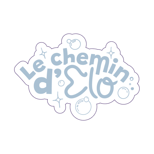 Logo avec le texte "Le chemin d'Elo" entouré de bulles et d'étoiles, sur fond noir.