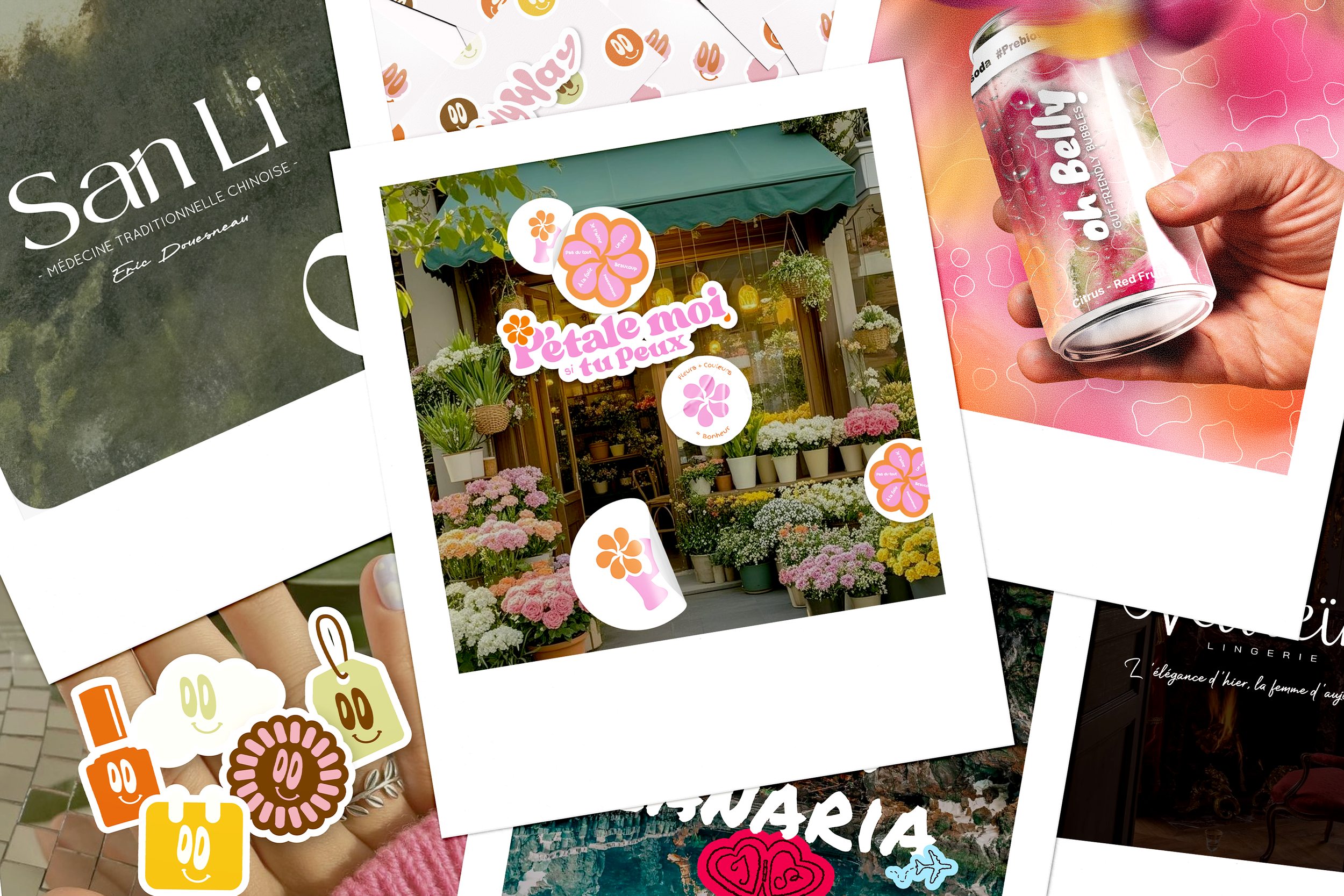Collection de plusieurs photos Polaroid, dont une de devanture de boutique de fleurs avec des pots de fleurs et des plantes, une de boisson en canette fruitée, une de sticker de manga et des éléments de décoration.