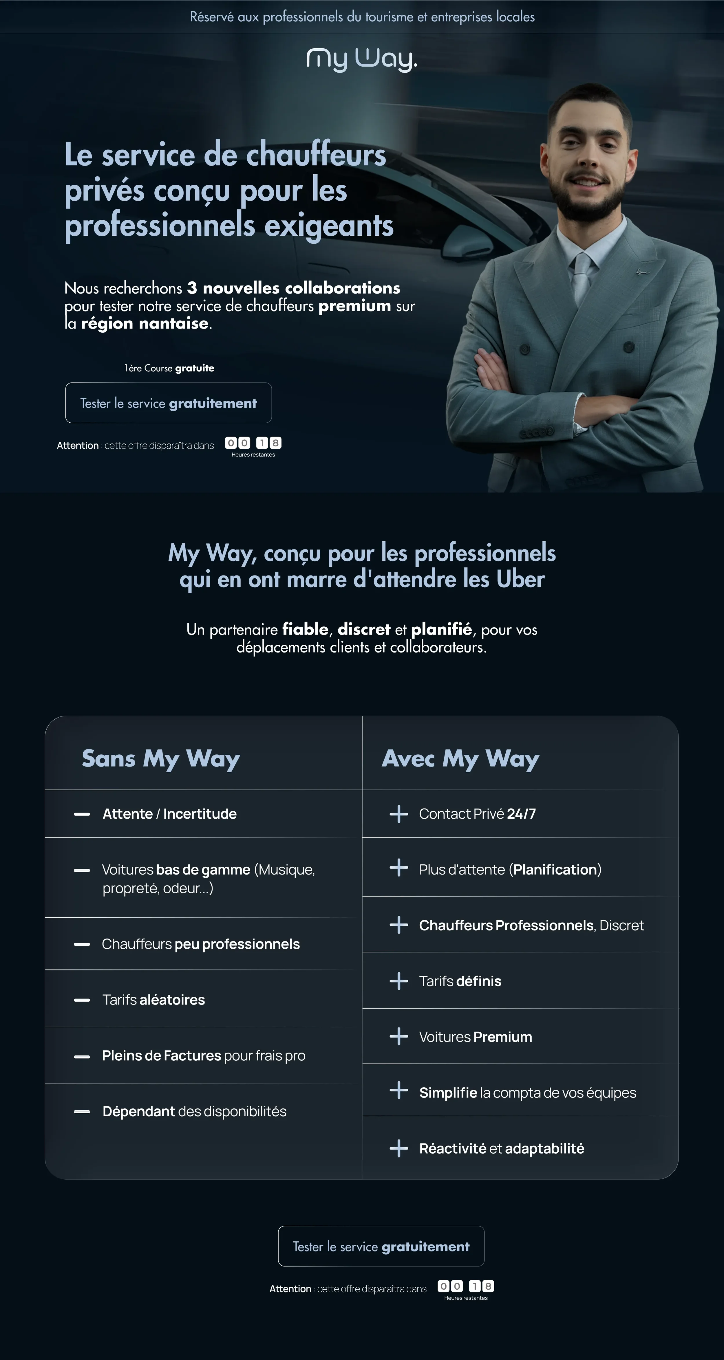 Une affiche publicitaire pour un service de chauffeurs privés, avec une image d'un homme en costume souriant, textes en français sur les fonctionnalités et avantages du service, et un compte à rebours pour une offre limitée.