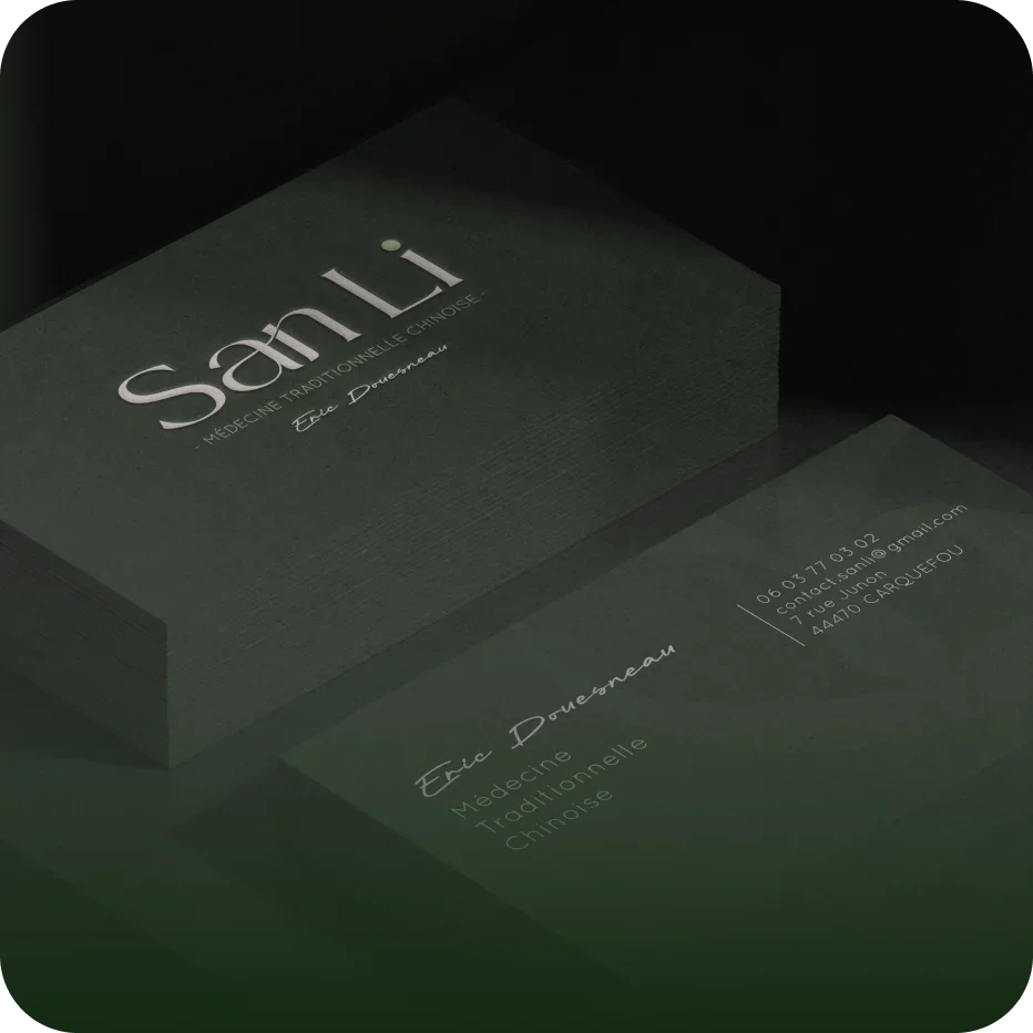 Cartes de visite professionnelles pour Eric Doureneau, médecin traditionnel chinois, avec ses coordonnées et adresse