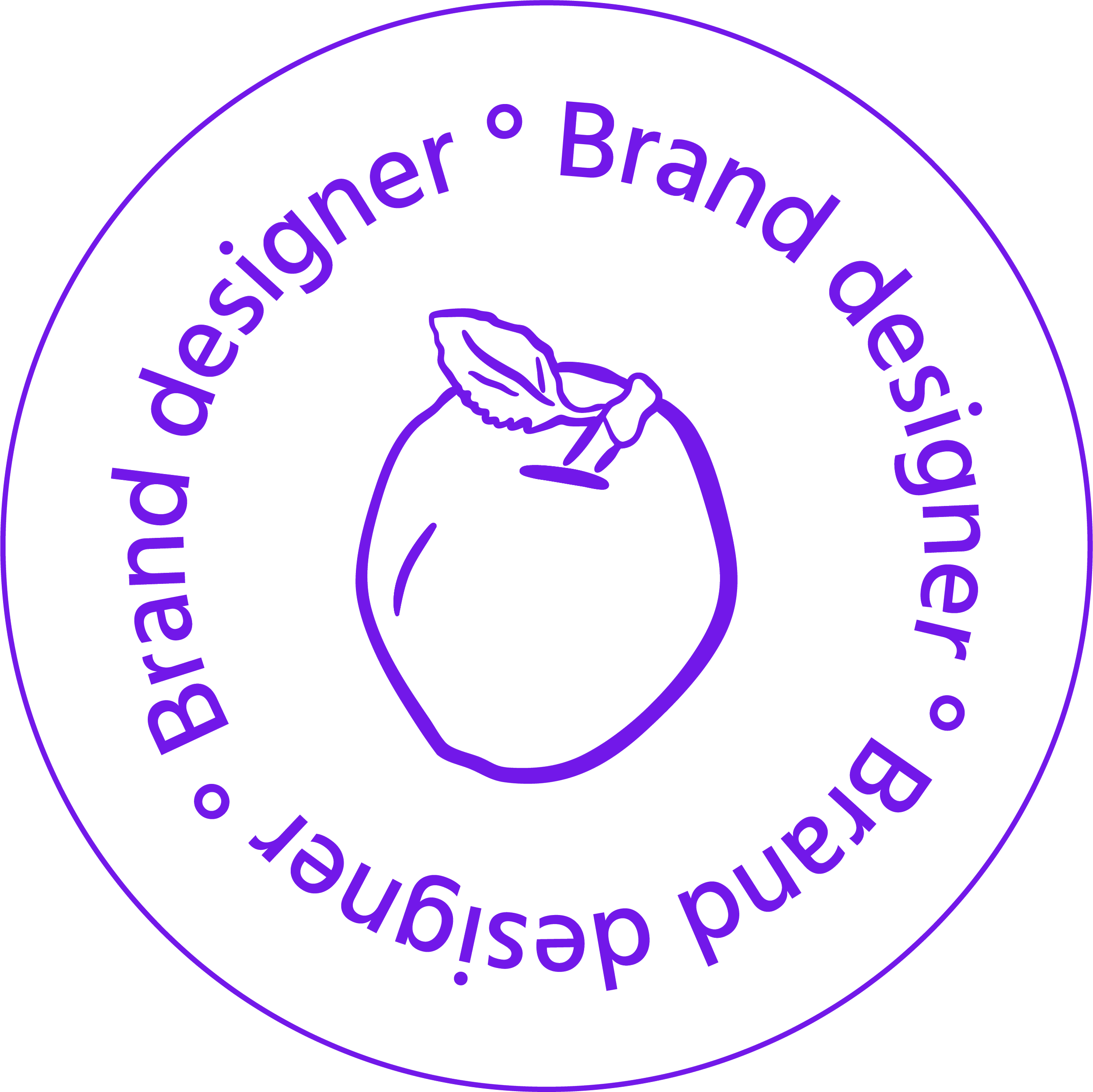 Logo circulaire violet avec un fruit stylisé au centre et le texte en français "Branded designant and designer Brand" autour.