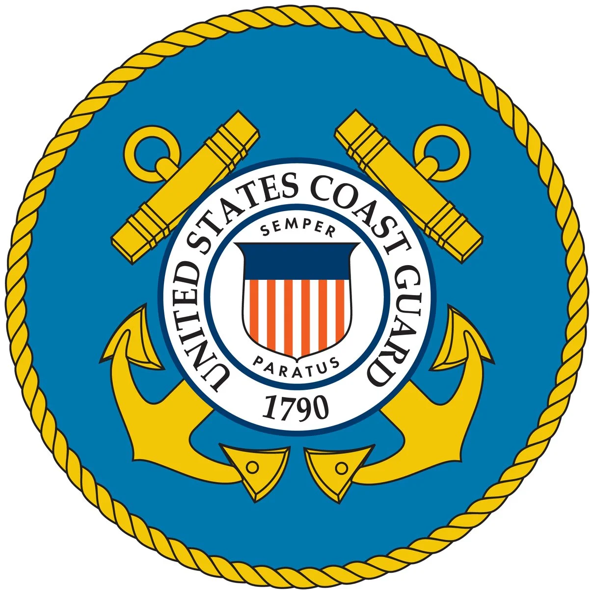 United States Coast Guard emblem featuring two yellow anchors crossed behind a shield with red and white stripes, encircled by text, with a blue background and a yellow rope border.
