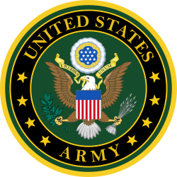 Official United States Army emblem featuring a bald eagle holding arrows and olive branch, with a shield on its chest and stars and banners.