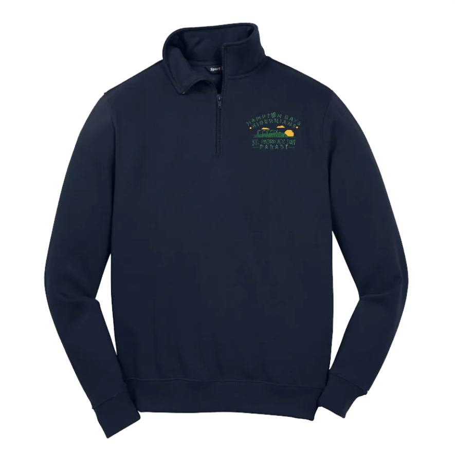Navy blue quarter-zip fleece jacket with green and yellow embroidered logo on the left chest that says "Mahopac Valley Branch St. Jean Baptiste Day Festival" with a depiction of a sun, trees, and mountains.