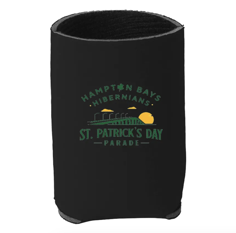 Black can cooler with green and yellow St. Patrick's Day parade logo, featuring a bridge, a shamrock, and the text 'Hampton Bays Hibernians St. Patrick's Day Parade'.