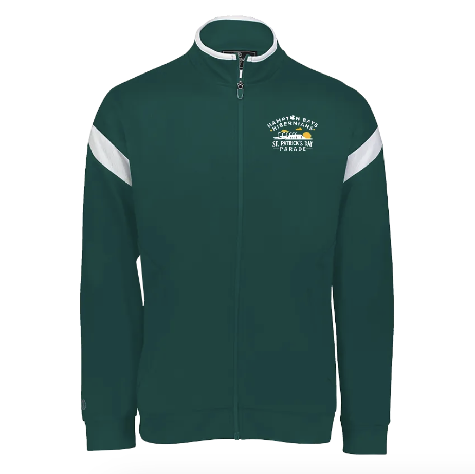 Green zip-up jacket with white accents on shoulders and a logo on the left chest reading "Hampton Bays Hibernians St. Patrick's Day Parade".
