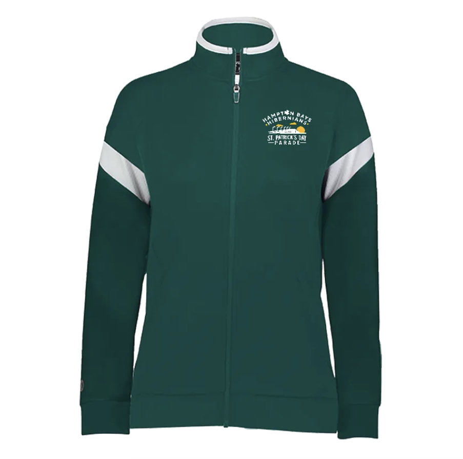 Green and white zip-up jacket with event logo on the left chest area.