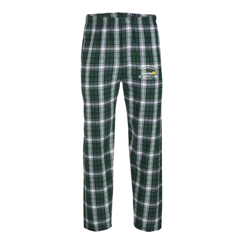 Green plaid pajama pants with stick figure and St. Patrick's Day text embroidered on the right leg.