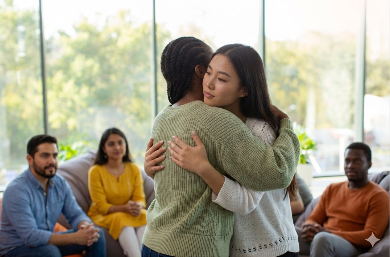 Two women embrace in the center of a room, with three people sitting on a sofa observing them; large windows showing trees are in the background.