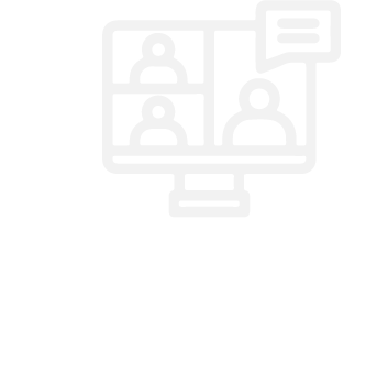 Icon of a computer screen with four video call participants and a speech bubble, alongside the text 'Meet virtually from a private space'.