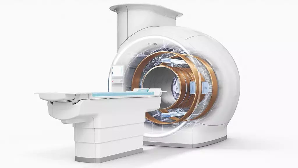 Medical imaging machine, possibly an MRI or CT scanner, in a clinical setting.