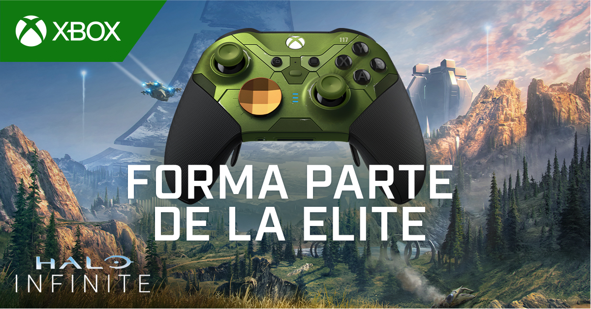 Xbox promotional banner featuring a green gaming controller with a landscape of mountains, forests, and futuristic structures in the background, with the text 'Forma parte de la elite' and 'Halo Infinite' logo.