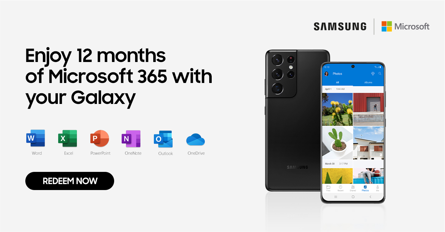 Advertisement for Samsung Galaxy phone offering 12 months of Microsoft 365 subscription, featuring icons of Word, Excel, PowerPoint, OneNote, Outlook, and OneDrive, with a black 'REDEEM NOW' button, and displaying the phone's camera and photo gallery