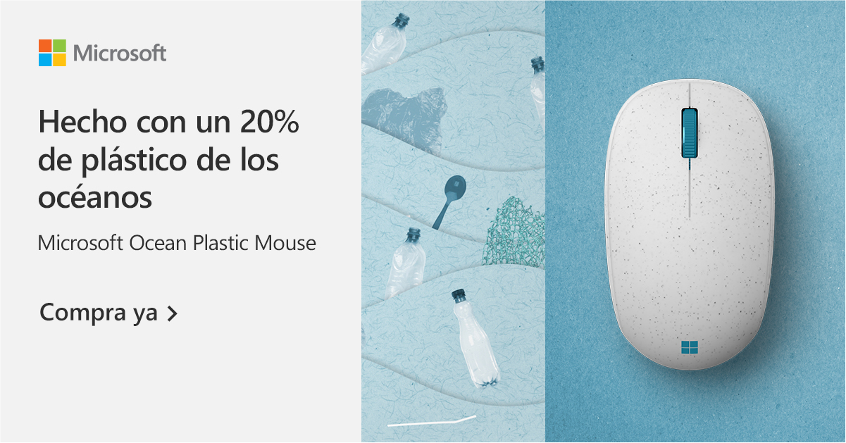 Microsoft advertisement showcasing a Microsoft Ocean Plastic Mouse made from 20% ocean plastics, with an image of ocean trash such as bottles and fishing gear on the left, and the white mouse with blue accents on the right.