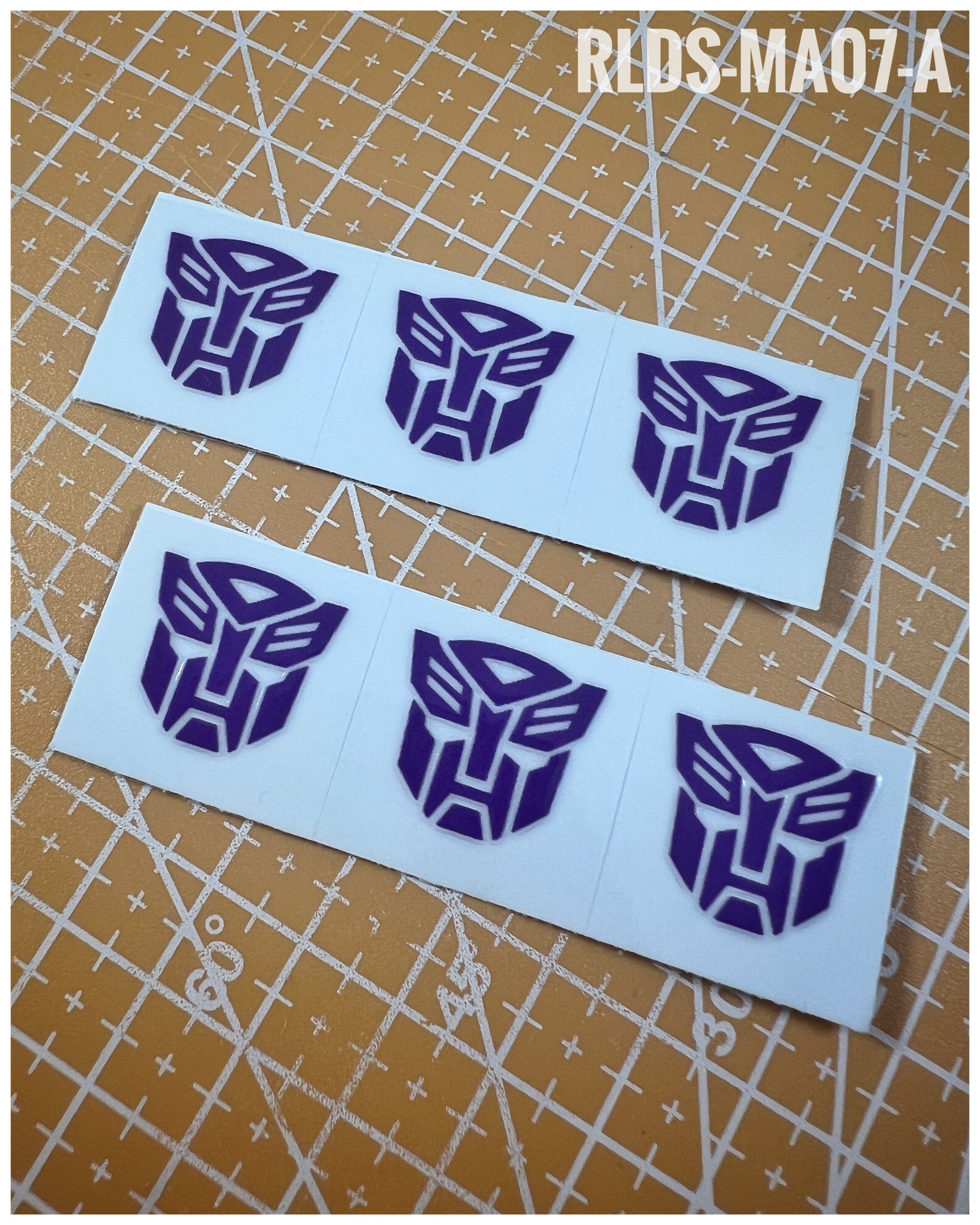 6 x medium Shattered Glass Bot dry rub transfers, Purple with Clear background.