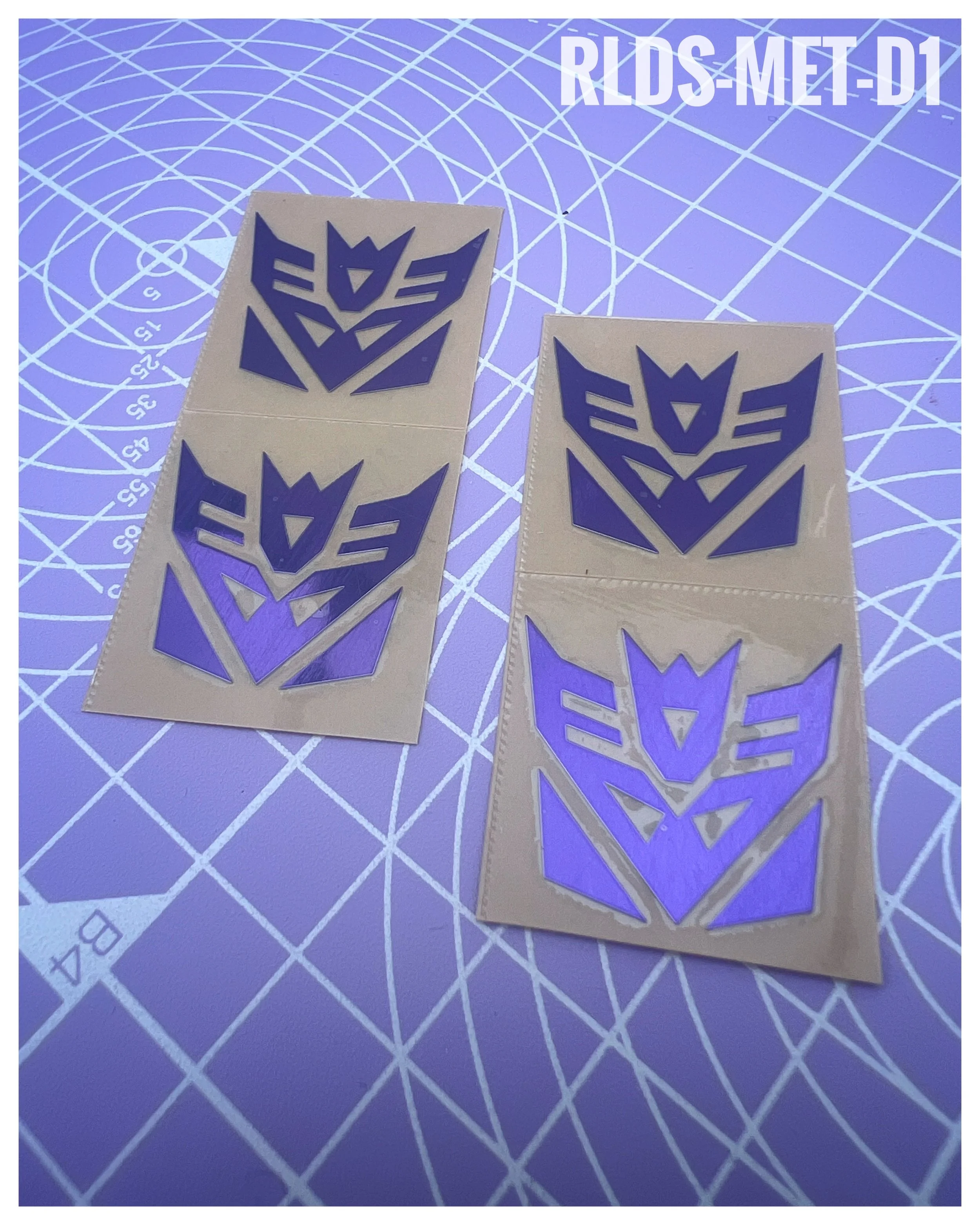 4 x large Metallic Con dry rub transfers, Toon style, Metallic Purple with Clear background