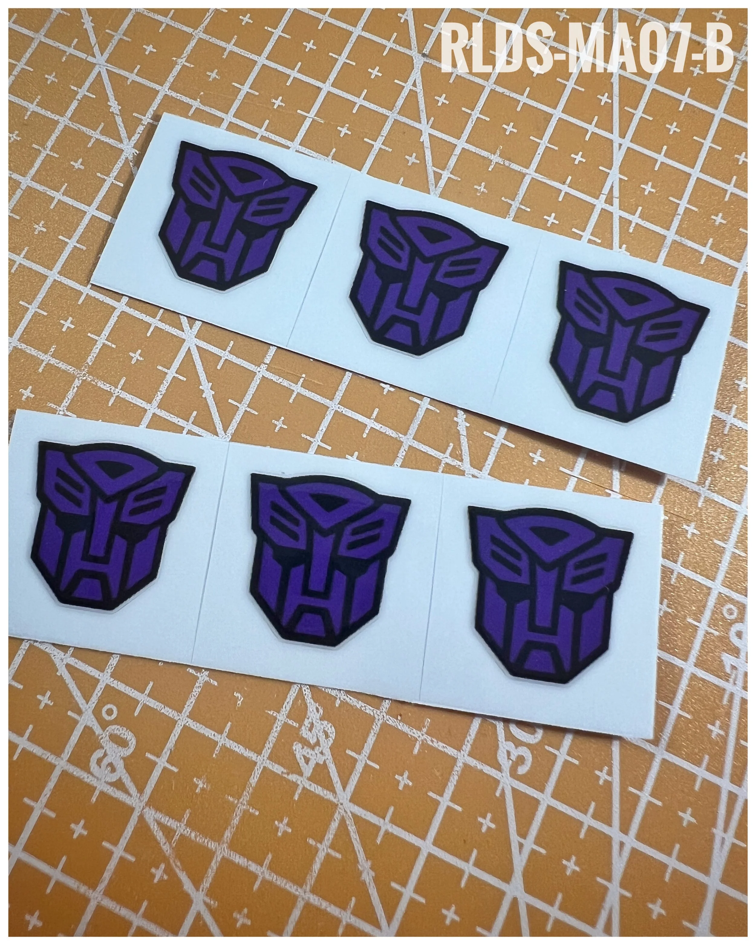 6 x medium Shattered Glass Bot dry rub transfers, Purple with Black background.