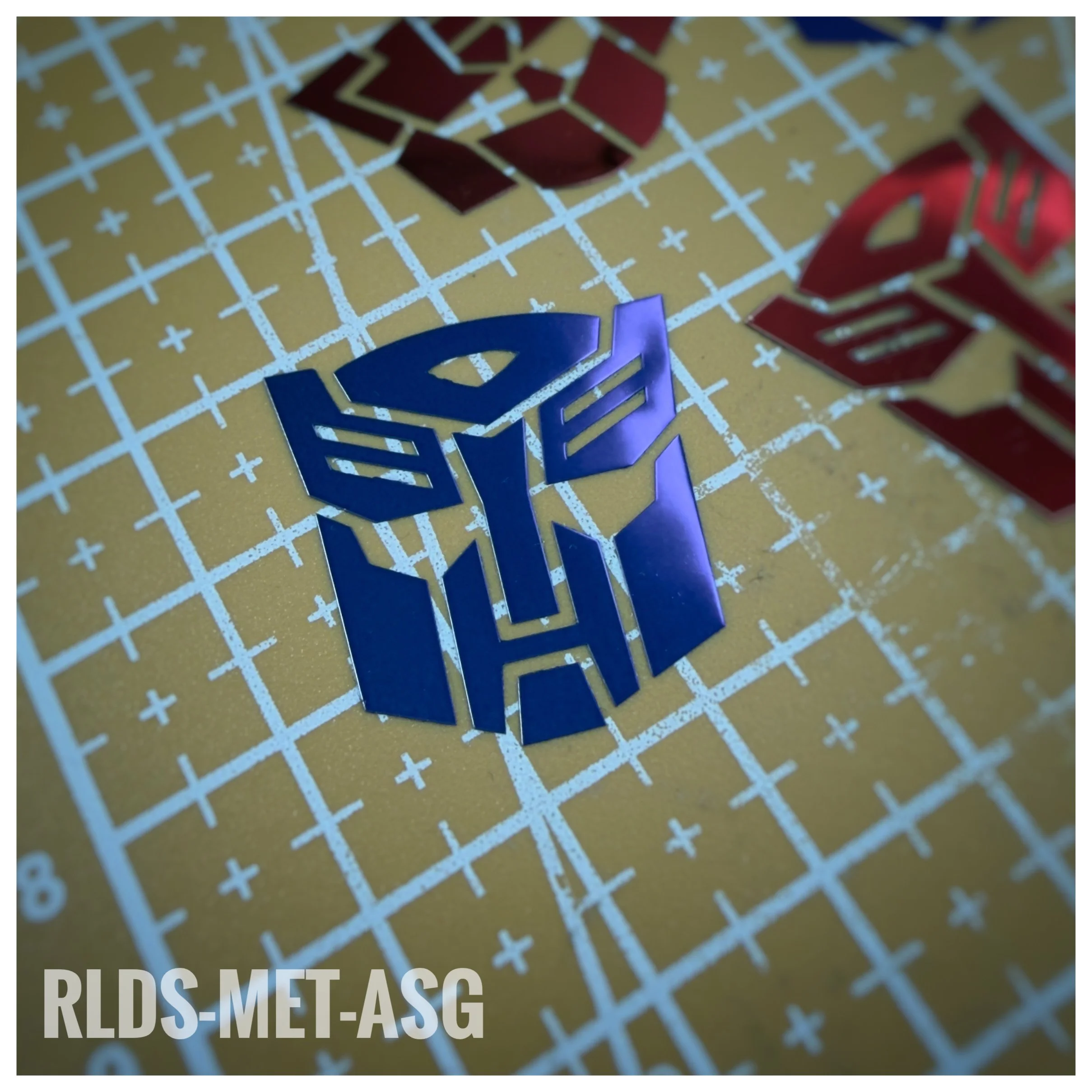 4 x Large Metallic Shattered Glass Bot dry rub transfers, Metallic Purple with Clear background.