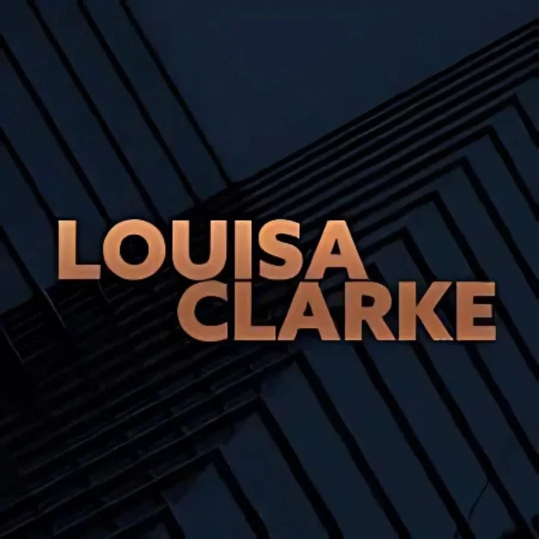 The name 'Louisa Clarke' is displayed in bold, orange text over a dark background with a geometric pattern of lines and shapes, possibly part of a modern building facade.