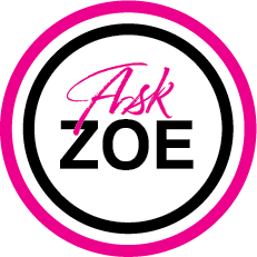 Logo with pink and black text reading 'Ask Zoe' inside a black circle with pink border