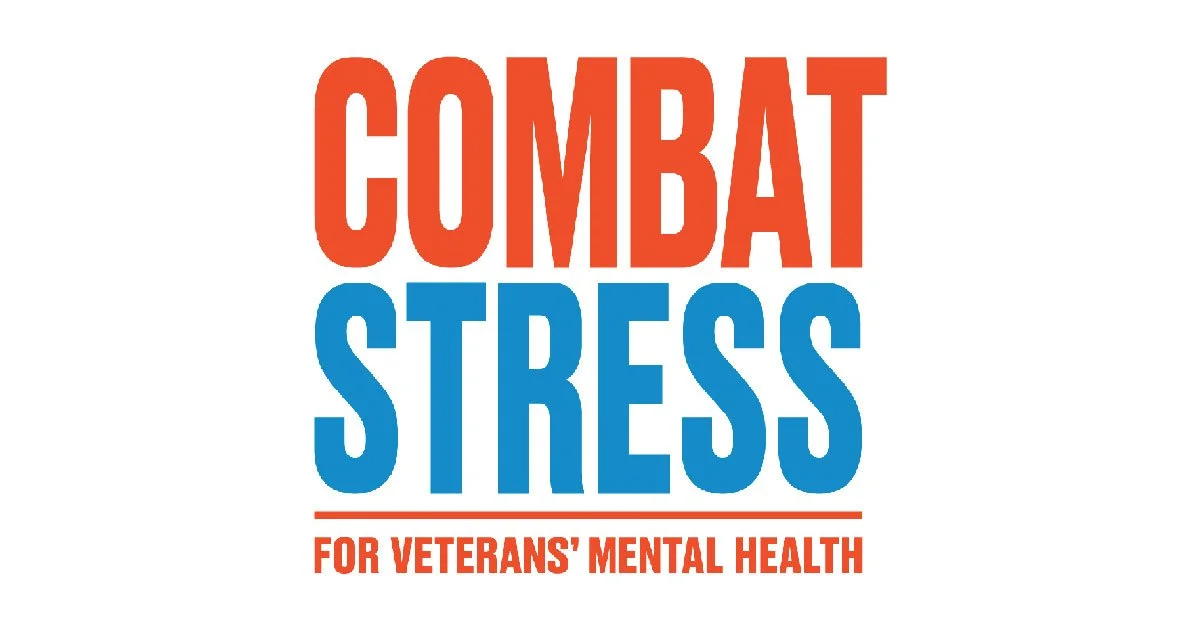 Text graphic with the words 'Combat Stress for Veterans' Mental Health' in bold red and blue letters.