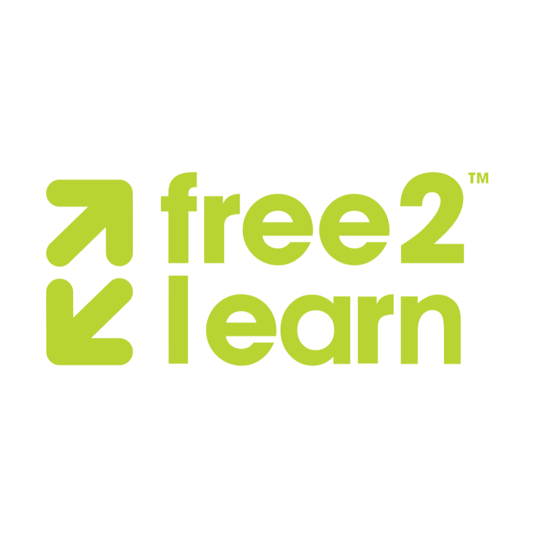 Green arrow pointing right, green arrow pointing left, and the words 'free2 learn' in green text.