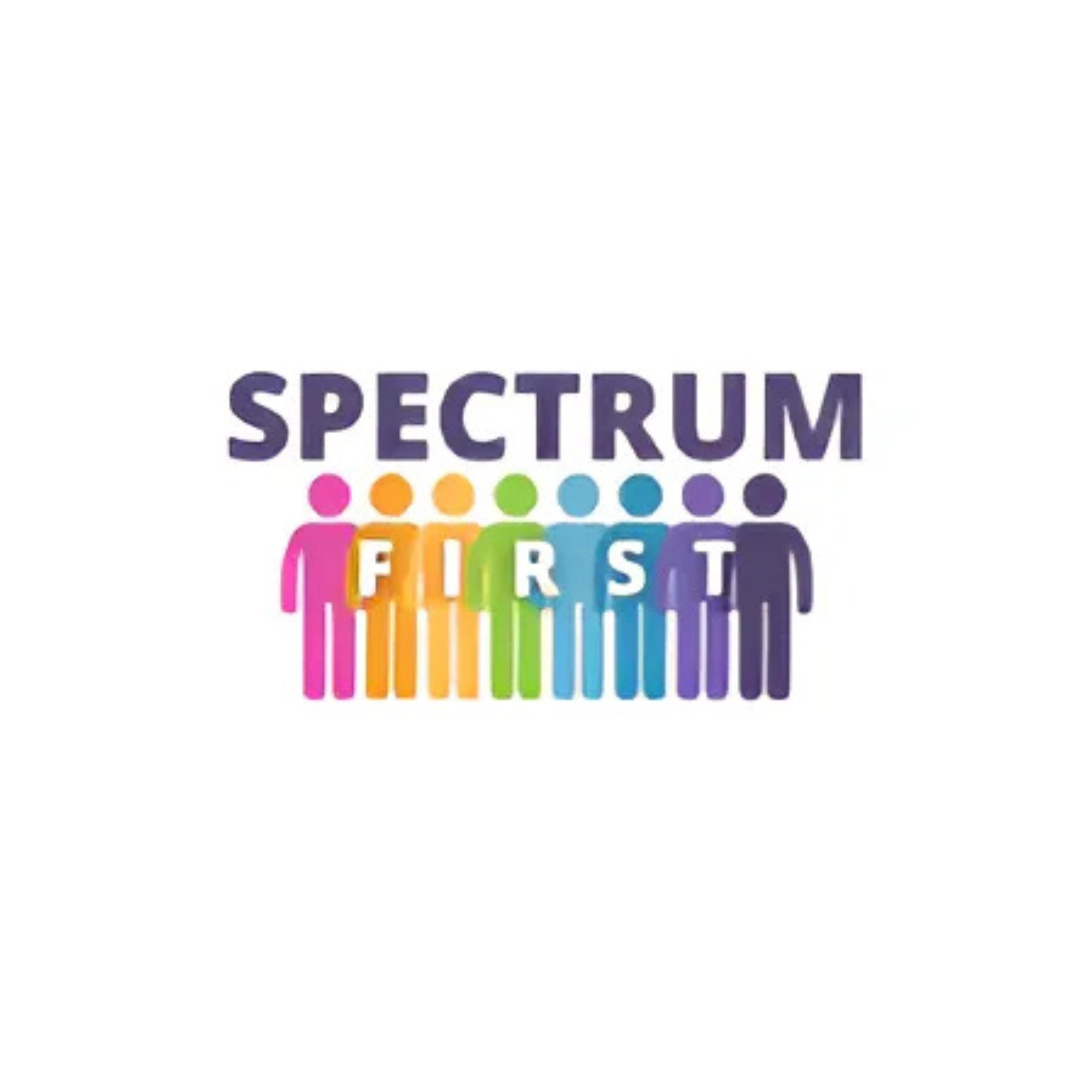 Rainbow-colored human figures with letters spelling 'First' overlaid, and the word 'SPECTRUM' above.