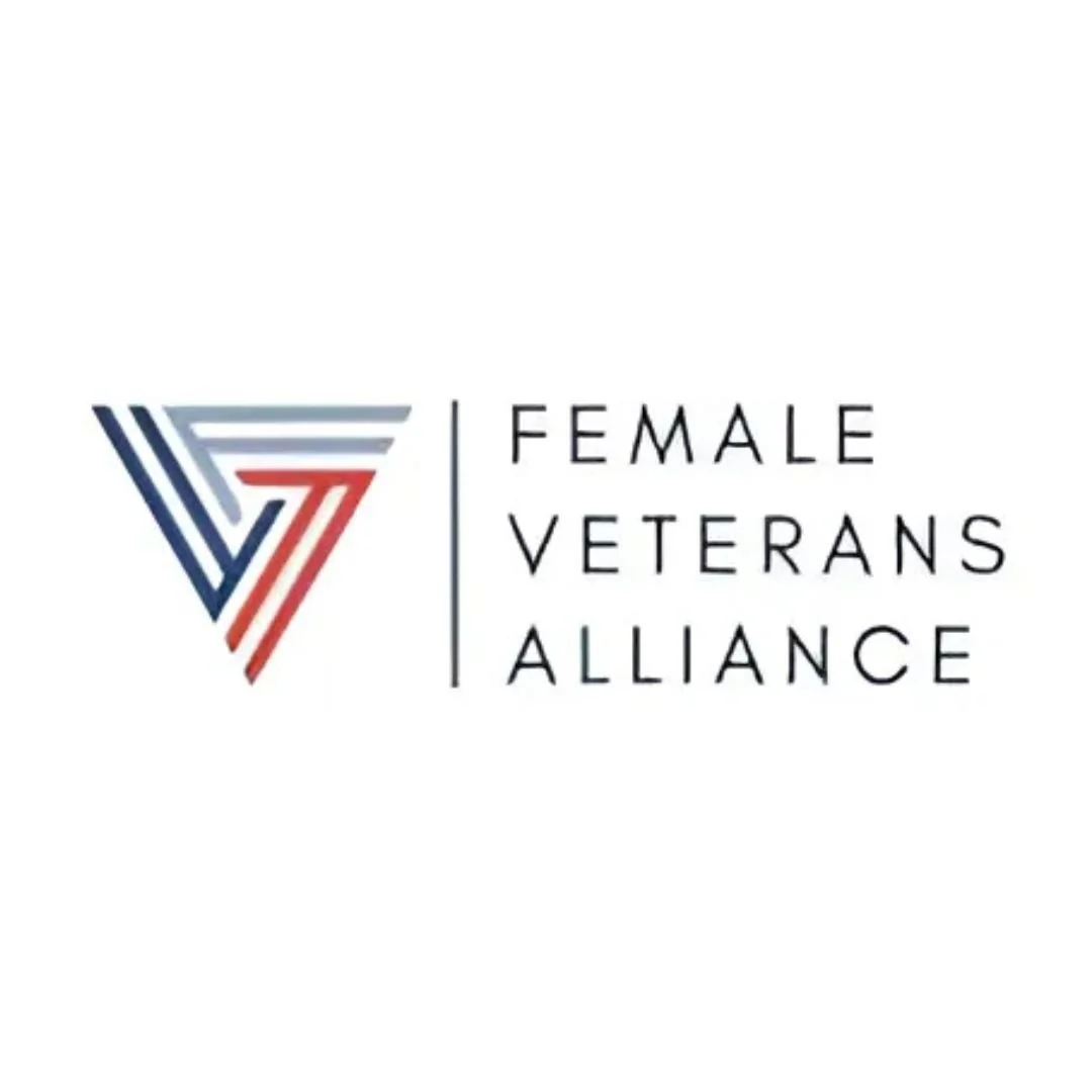 Logo of the Female Veterans Alliance featuring a stylized triangle with lines in red, white, and blue, next to the organization's name in black text.