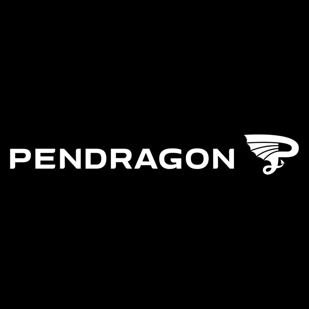 Black background with white text that says 'PENDRAGON' and a stylized dragon head logo to the right.