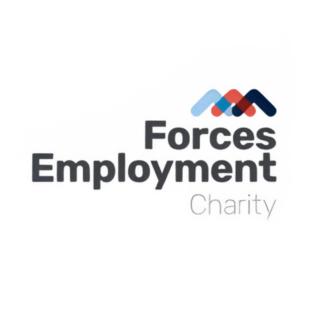 Logo for Forces Employment Charity with three overlapping mountain-like shapes in red, blue, and black above the words 'Forces Employment Charity' in bold black and gray text.