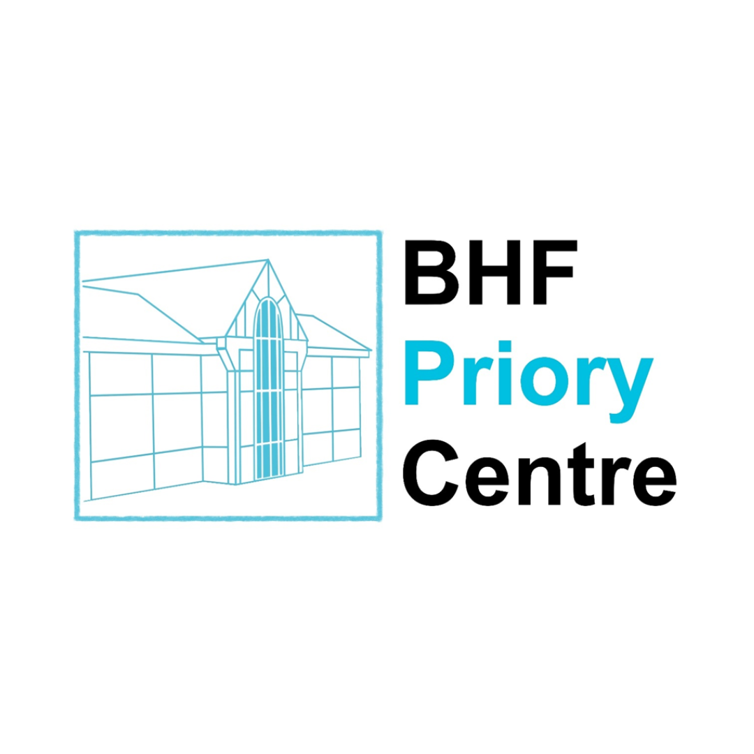Logo for BHF Priory Centre featuring a blue outline of a church building with a prominent arched window and a cross on top, alongside the text 'BHF Priory Centre' with 'Priory' in blue and the rest in black.