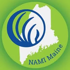 Logo of NAMI Maine with a green background, featuring a map of Maine and a stylized blue and green circular design.