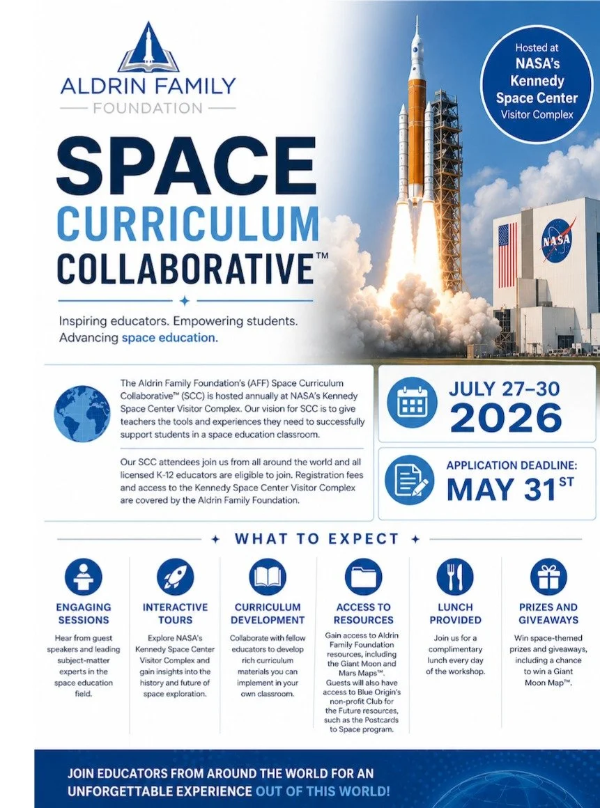 The application link to attend our 4th annual Space Curriculum Collaborative is available on our website! Don't miss out on this amazing opportunity!

https://aldrinfoundation.org/spacecurriculumcollaborative

Submit your application by May 31st!

#n