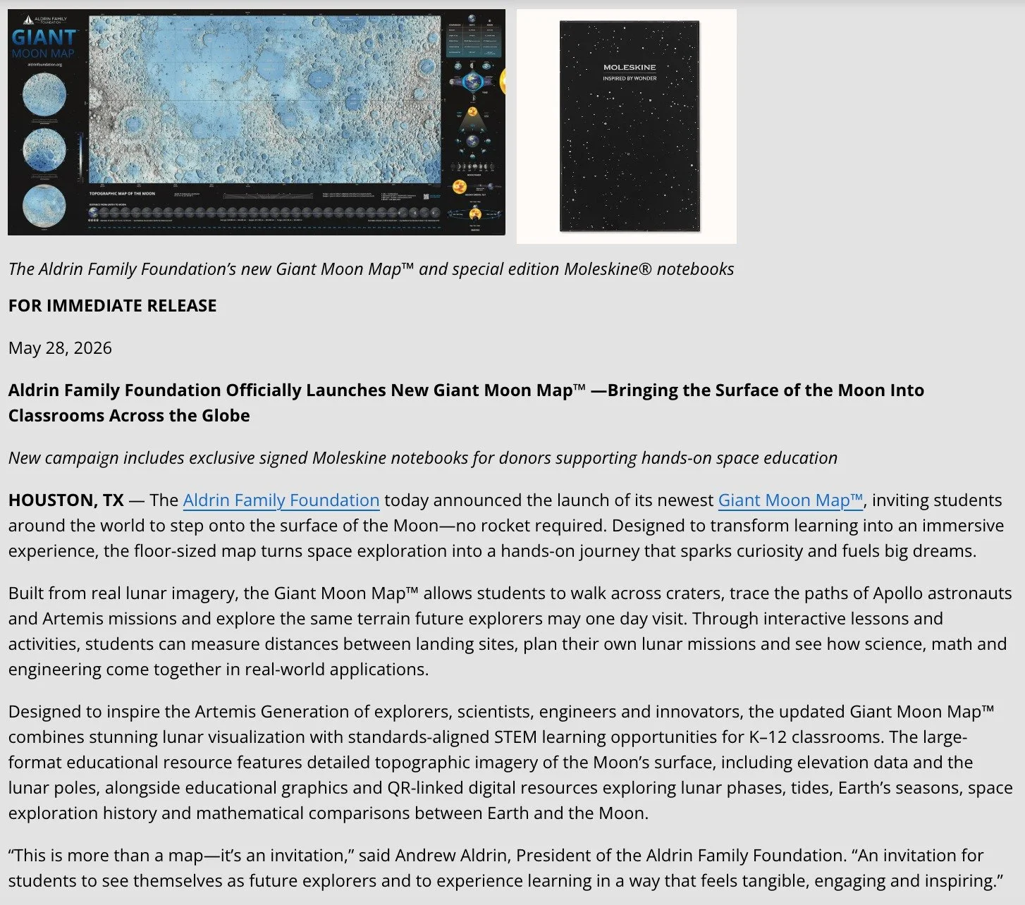 🌕 A new way to experience the Moon has arrived.

The Aldrin Family Foundation is proud to officially launch the updated Giant Moon Map&trade; &mdash; a hands-on educational experience designed to bring space exploration directly into K&ndash;12 clas