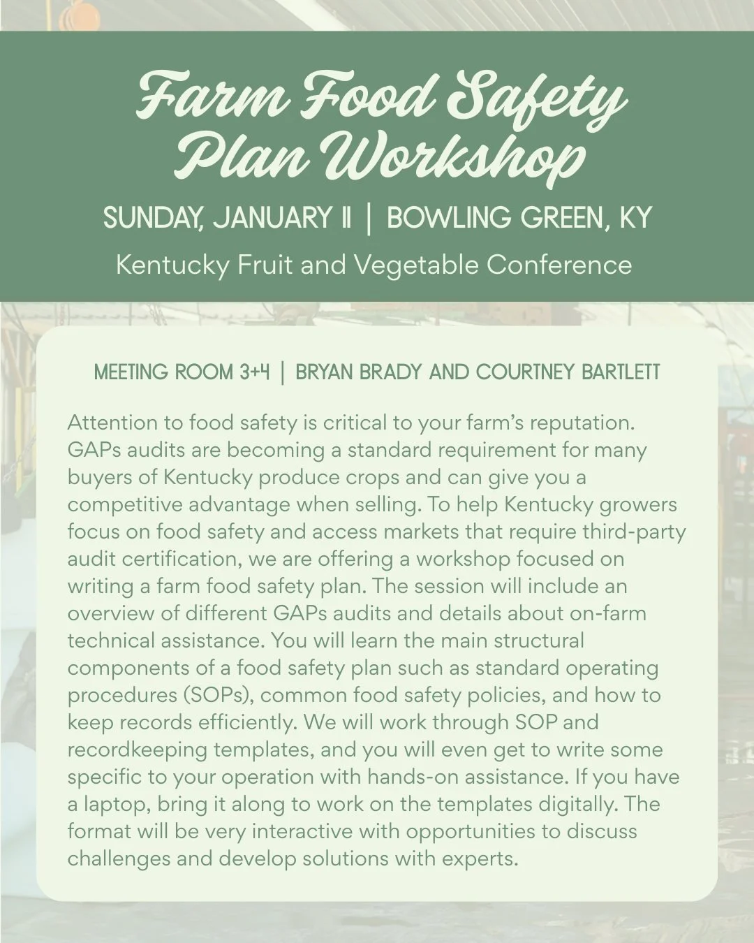 This Farm Food Safety Plan Workshop is a hands-on session designed to give you information on all things farm food safety and walk you through components of a plan of your own. This workshop is one of four FREE Pre-Conference sessions taking place on