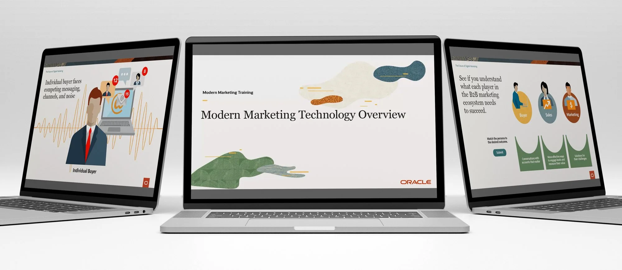 Three laptop computers showing Oracle module screen shots