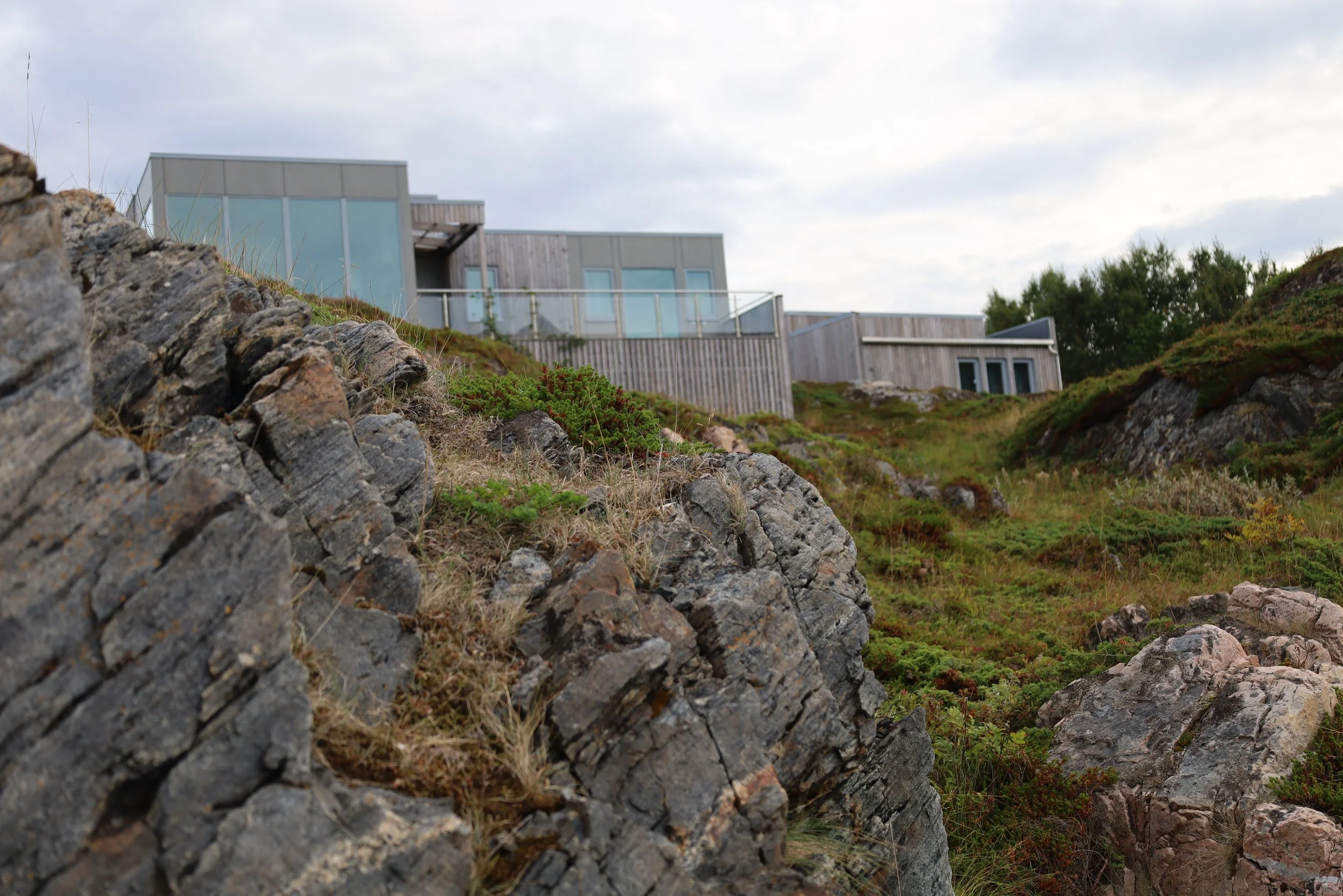Modern house built on a rocky hillside with large rocks and sparse vegetation in the foreground, and overcast sky in the background.