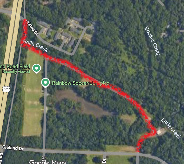 map of a red outline showing the proposed detour from s estes through rainbow soccer