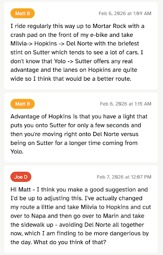 three notes from users matt b and joe b discussing a route