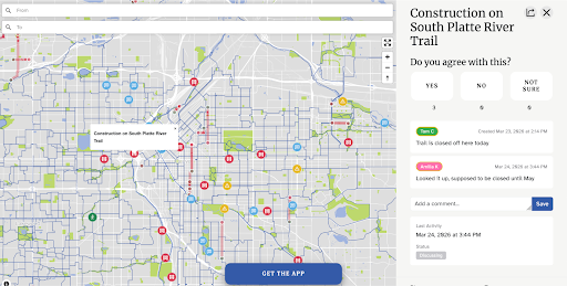 bike map of denver with icons and blue and red lines